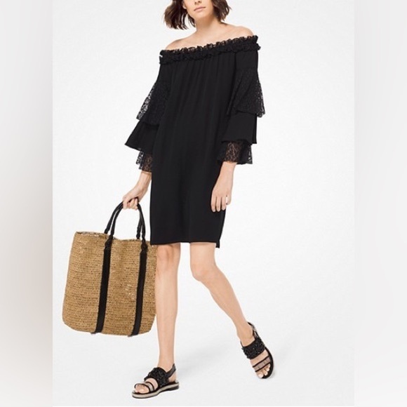 MICHAEL KORS COLLECTION Silk-Georgette and Lace Off-The-Shoulder Dress, size 2 - Picture 1 of 8